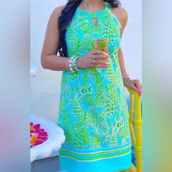 Barbara Erickson Piña Colada Print Knit Keyhole Shift Dress Turquoise/Lime Large - Picture 1 of 2